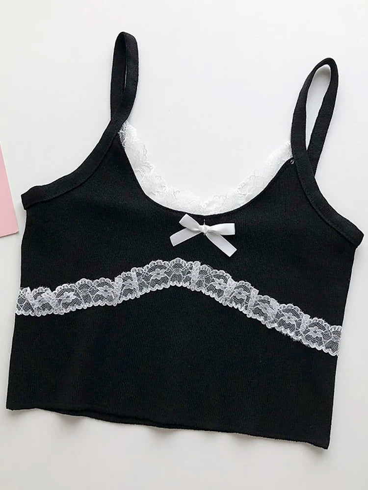 HELIAR Women Lace Bowknot Tops Female Plain Straps Tank Tops Streetwear Camisole Cute Crop Tops For Women 2023 Summer