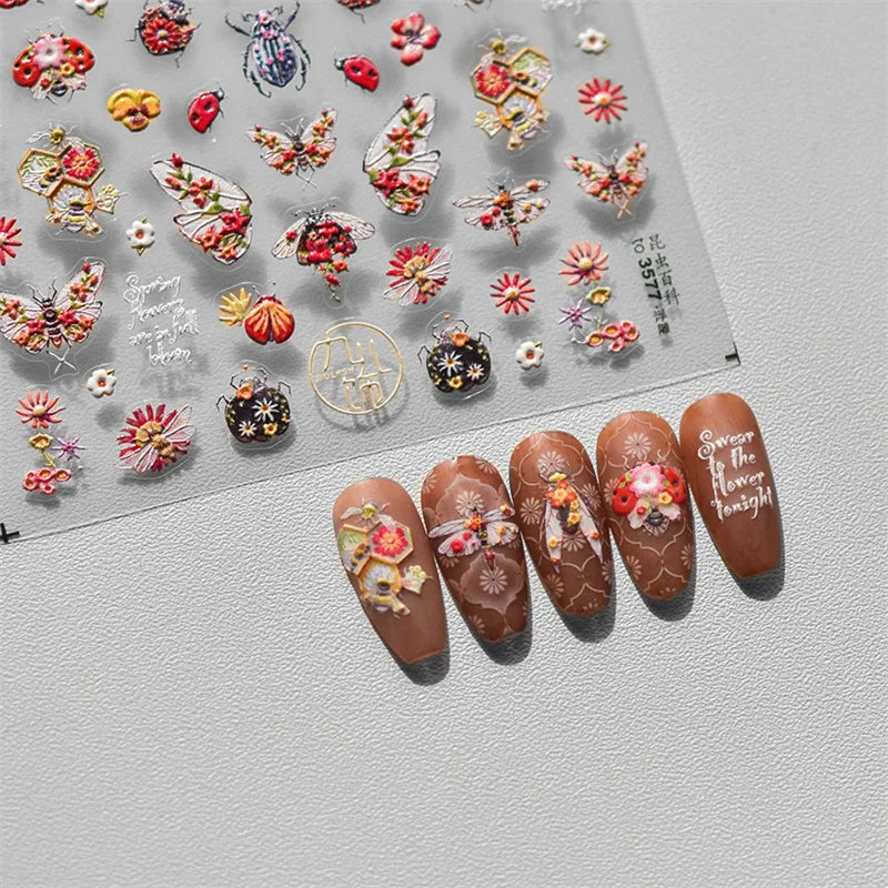 1 pc 5D Embroidery Bee Nail Art Sticker Embossed Butterfly Insect Nail Sticker High Quality Nail Art Design Decoration Sticker