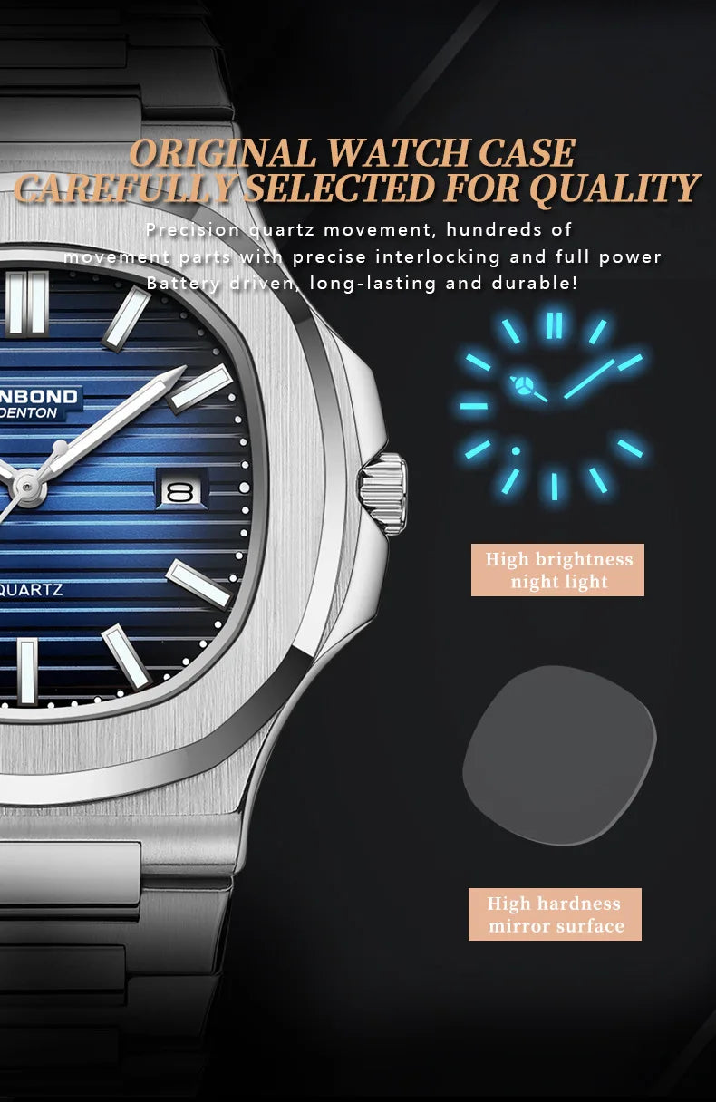 Classic Retro Brand Men Watch Business Steel Belt Calendar Luminous Waterproof Square Male Clock Fashion Quartz Watches gift