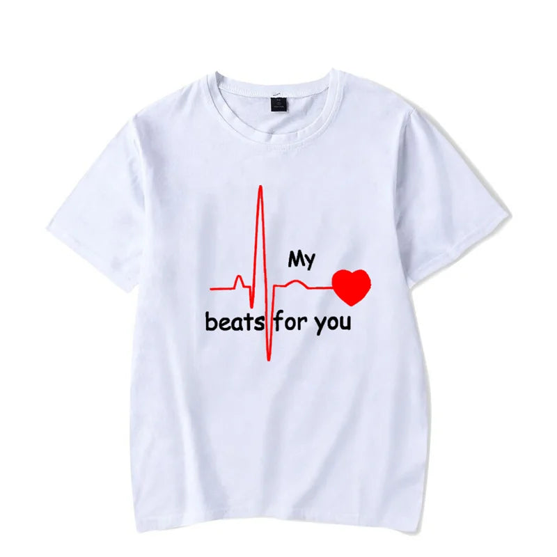 Summer Couple Heart Beats for You Print T Shirt Causal Women Man Tee Shirt Couples T Shirts O Neck Tops Harajuku Lovers Clothing