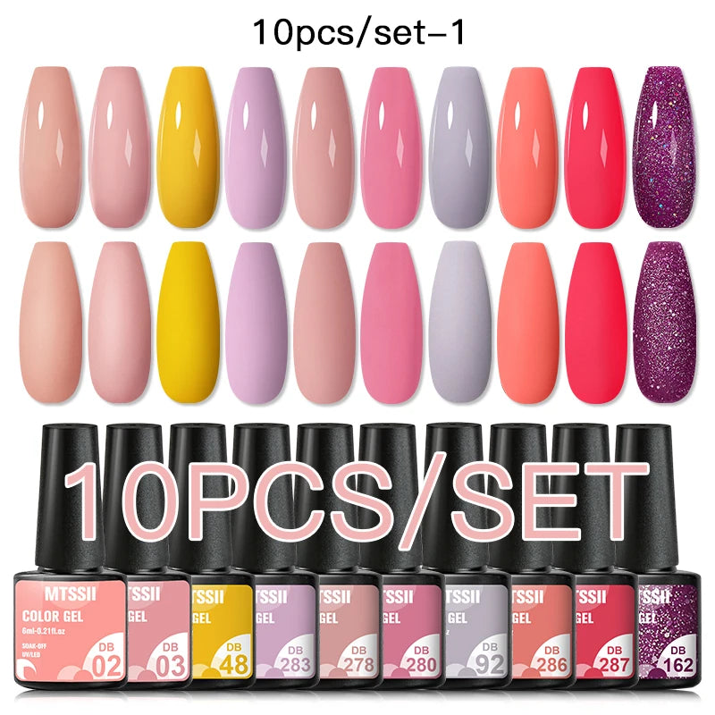 Mtssii 10PCS Reflective Gel Nail Polish Set Fluorescent Glitter Semi Permanent Hybrid Gel Varnish Soak Off UV Lamp For Manicure