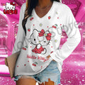 Hello Kitty Women's Long Sleeve T-shirts V Neck Kawaii Clothes 2024 3D Print New Lovely S-3XL Y2k Fashion High Quality Leisure