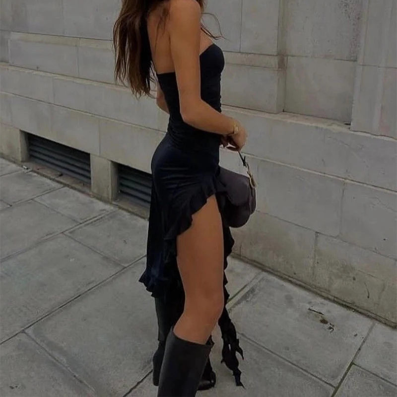 Vestido minivestido sexy sin tirantes con estampado floral, dobladillo plegado, abertura alta, liso, sin espalda, sin mangas, negro y rosa, para fiesta, 2024