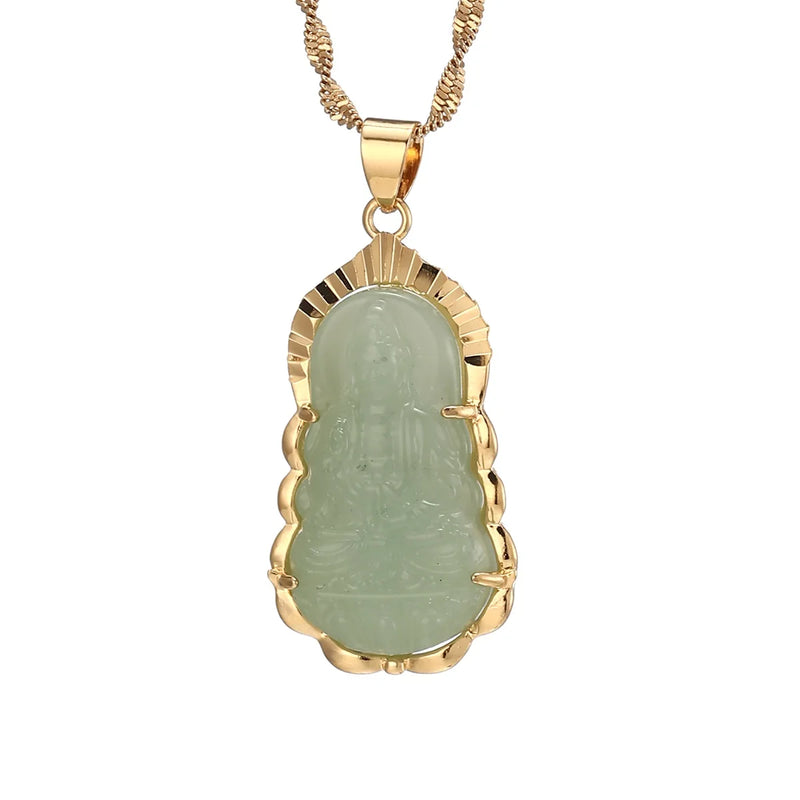 Green Jade Guanyin Pendant Necklace Chinese Buddha Buddhist Charm Maitreya Amulet Hinduism Jewelry