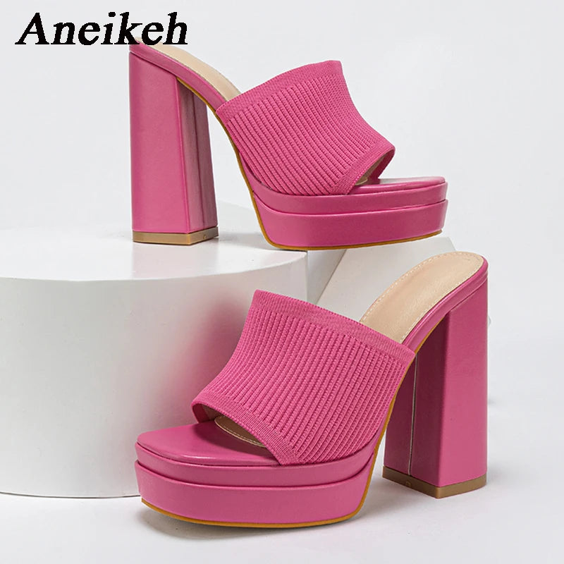 Aneikeh Sexy Knitted Woolen Chunky Platform Sandal Heels Women's Peep Toe High Heel Summer Nude Party Dress Mules Sandals Shoes