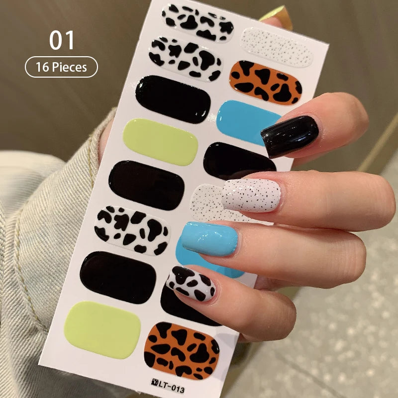 New 16 Strips Autumn Nail Stickers Full Cover Nail Patch Leopard Print 3D Nail Stickers Nail Polish Strips DIY Nail Art Making