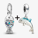 2Pcs/Lot Crystal Blue Scaled Fish Bead With Pendant Fit DIY Brand Charm Bracelet  For Women's Summer Jewelry To Making Gift