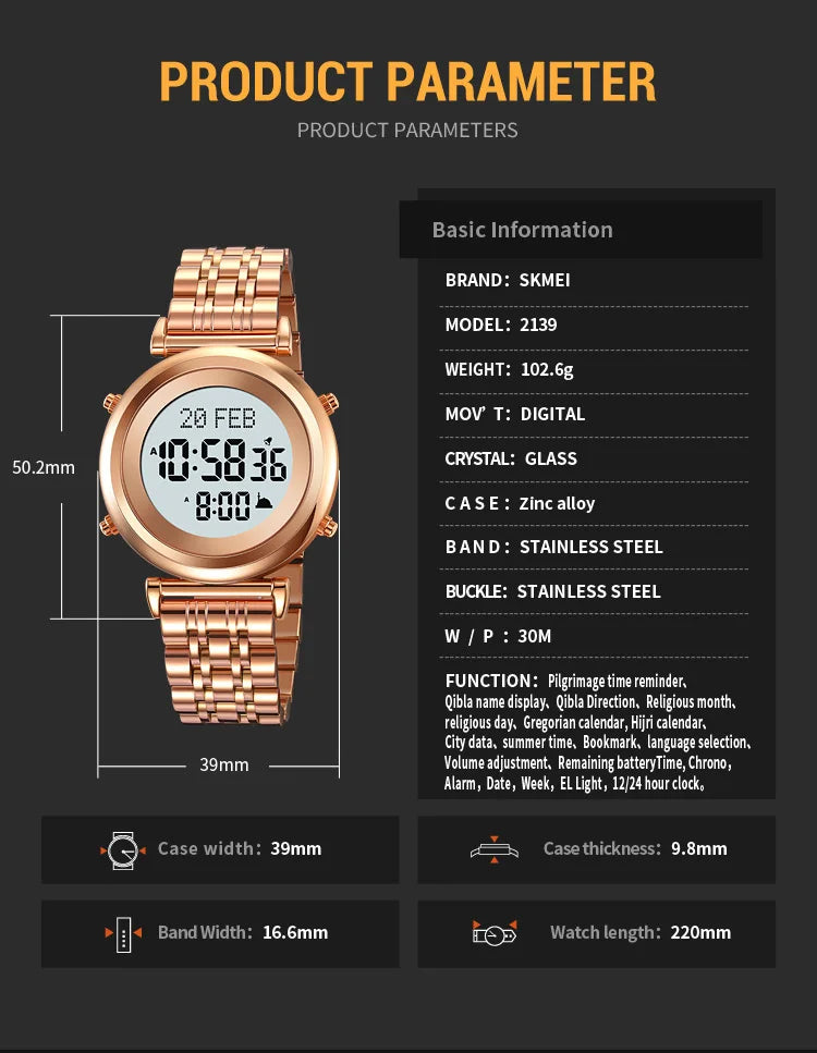 SKMEI 2139 Steel Muslim Azan Digital Watch Mens Back Light Waterproof  Wristwatch Prayer Qibla Compass Alarm Clock watch 1861