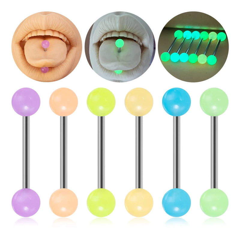 6Pcs Glow in Dark Tongue Rings Barbell Stud Sexy Acrylic Luminous Tongue Piercings Jewelry for Women Men 14G Stainless Steel Bar