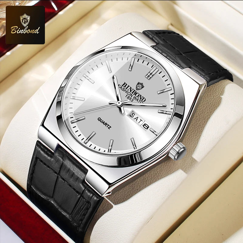 BINBOND New Authentic Youth Men's Quartz Watchwith Fashion Leather Strap Waterproof Luminous Calendar Luxury Business Men Watch
