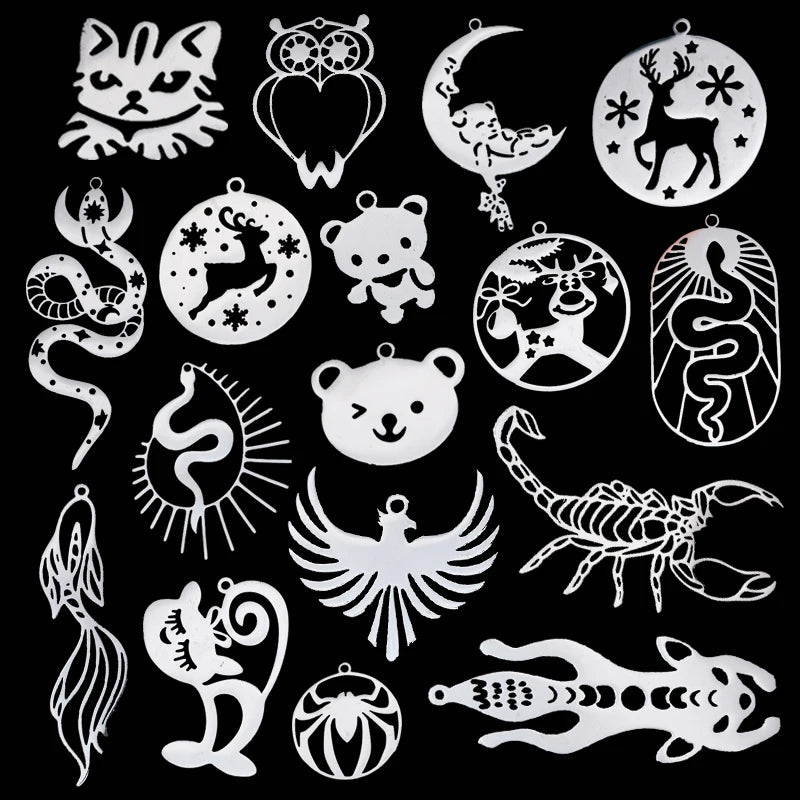 Cute Cat Moon Bear Deer DIY Tassels Earrings Stainless Steel Pendant For Jewelry Making Insect Charms Snake Necklace Accessory