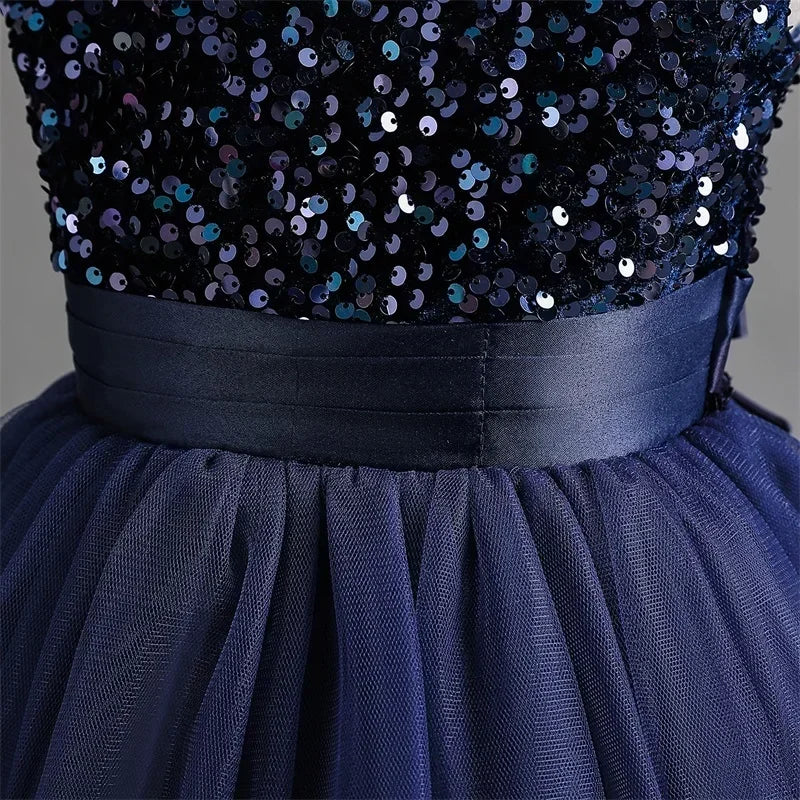 Puffy Girls Party Dress Elegant Kids Wedding Gala Prom Gown Sequin Bow Children Birthday Princess Dress For Girl Clothes 5-14Yrs