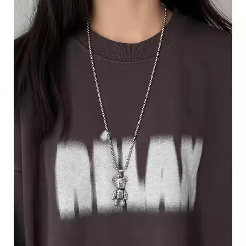 Fashion Cute Hip Hop Bear Pendant Necklace for Men & Women Punk Wind Titanium Steel Sweater Chain Jewelry Set Lovers Gift