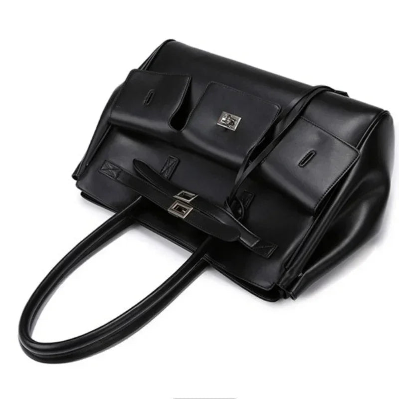 Meet You Luxury Design Large Capacity Black Pu Leather Tote Bag Ladies Multi-pocket  Shoulder Bag Office Lady Commuter Handbag