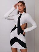 Women Sexy Long Sleeve Patchwork Black White Tie Cut Out Mini Bandage Dress 2023 Elegant Christmas Evening Club Party Dress
