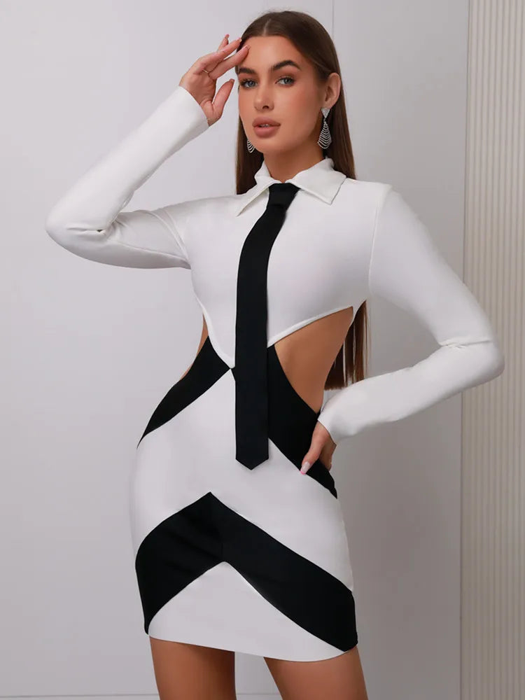 Women Sexy Long Sleeve Patchwork Black White Tie Cut Out Mini Bandage Dress 2023 Elegant Christmas Evening Club Party Dress