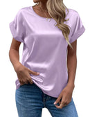 Spring and Summer New Women's Short Sleeve Satin Shirt Loose Casual Round Neck Colored Ding T-shirt Women