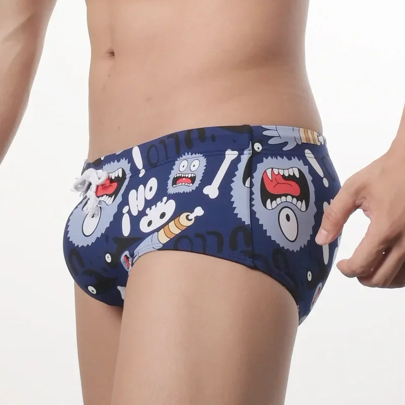 Men's Fashionable Swim Trunk Cartoon Printed Cup Stand Up Tie Up Hot Spring Beach Board Shorts Elastic Sprotswear Swimming Pants