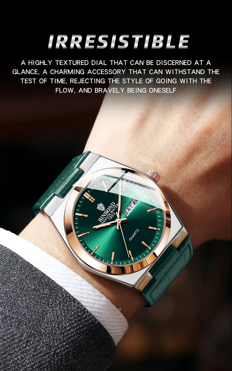 BINBOND New Authentic Youth Men's Quartz Watchwith Fashion Leather Strap Waterproof Luminous Calendar Luxury Business Men Watch