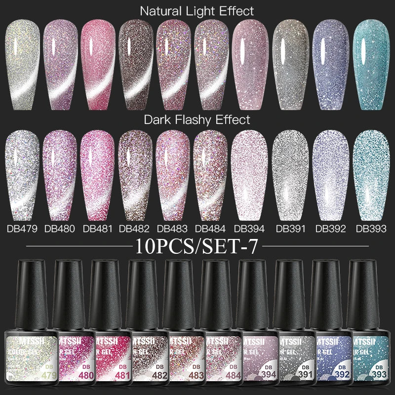 Mtssii 10PCS Reflective Gel Nail Polish Set Fluorescent Glitter Semi Permanent Hybrid Gel Varnish Soak Off UV Lamp For Manicure
