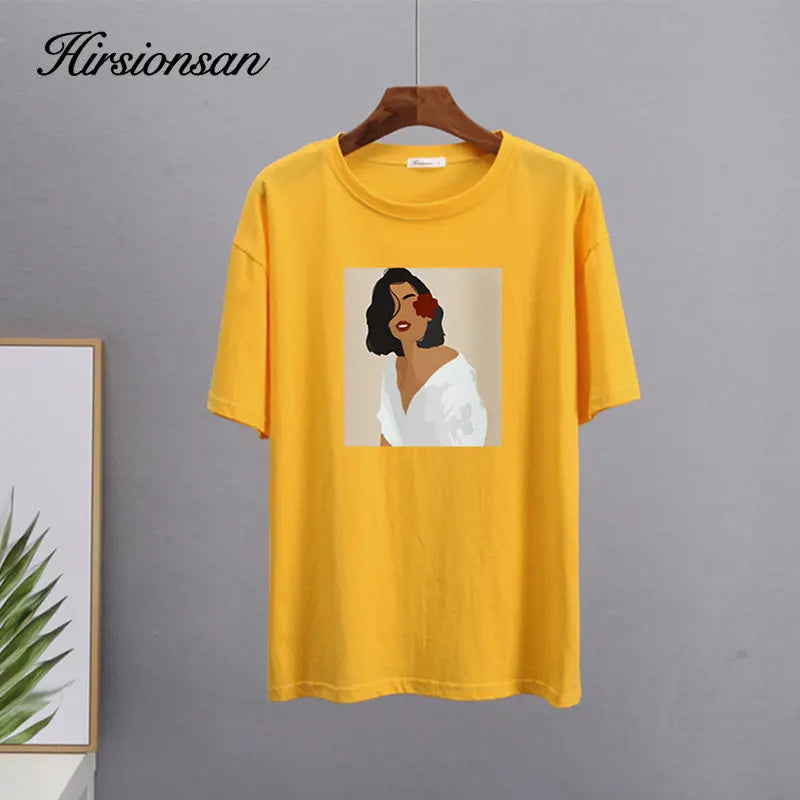 Hirsionsan Aesthetic Figures T Shirts for Women Summer Simple Soft Cotton Basic Tops Female Oversized Korean Short Sleeve Tees
