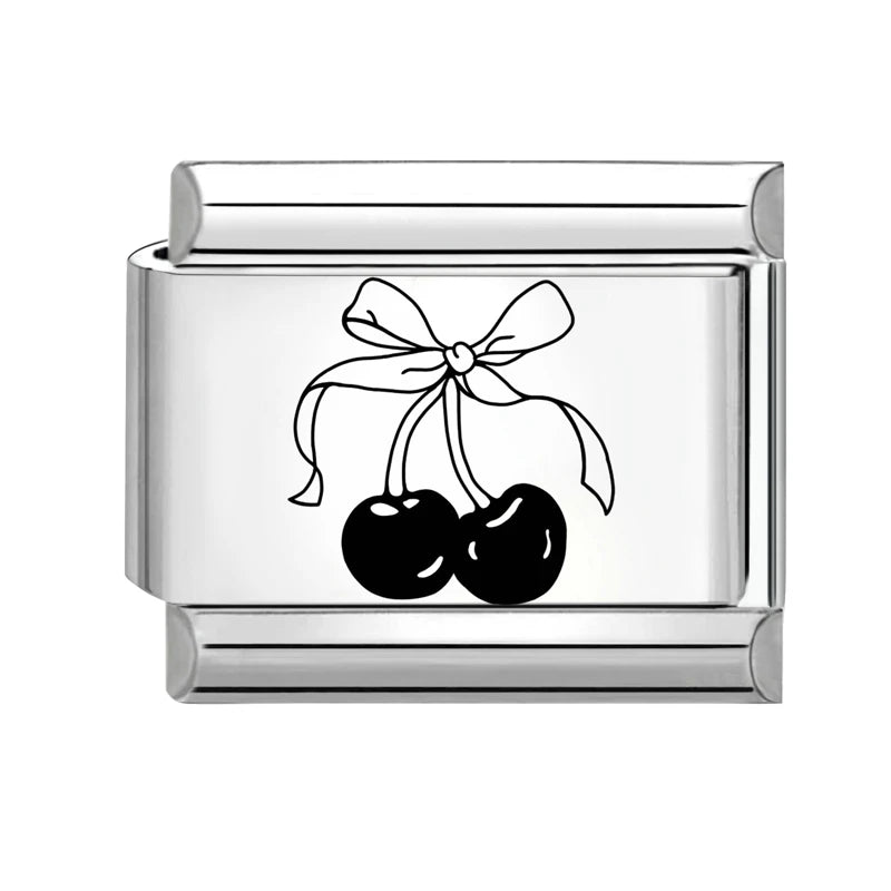 Sweet Red Cherry Bow Knot Heart Pendant Cherry Italian Charm Links Fit 9mm Stainless Steel Bracelet Women Jewelry DIY Making