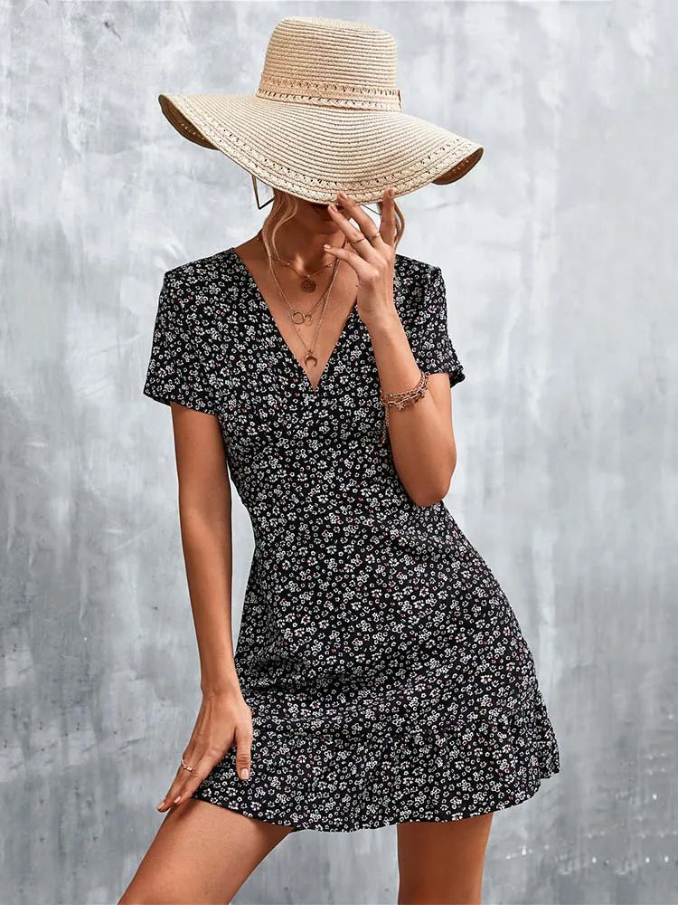 Summer Short Boho Dress Women V Neck Print Floral Party Dress Ladies Bohemian Flower Mini Dress For Women