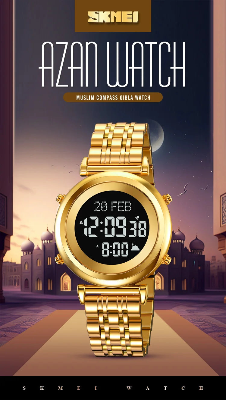 SKMEI 2139 Steel Muslim Azan Digital Watch Mens Back Light Waterproof  Wristwatch Prayer Qibla Compass Alarm Clock watch 1861