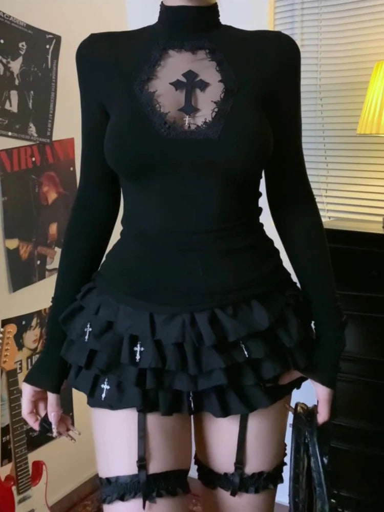 Turtleneck Top Y2k Clothes Black Gothic Cross Hollow Slimming Bottom T Shirt for Women Long Sleeve Sexy T-shirt Girls Tops