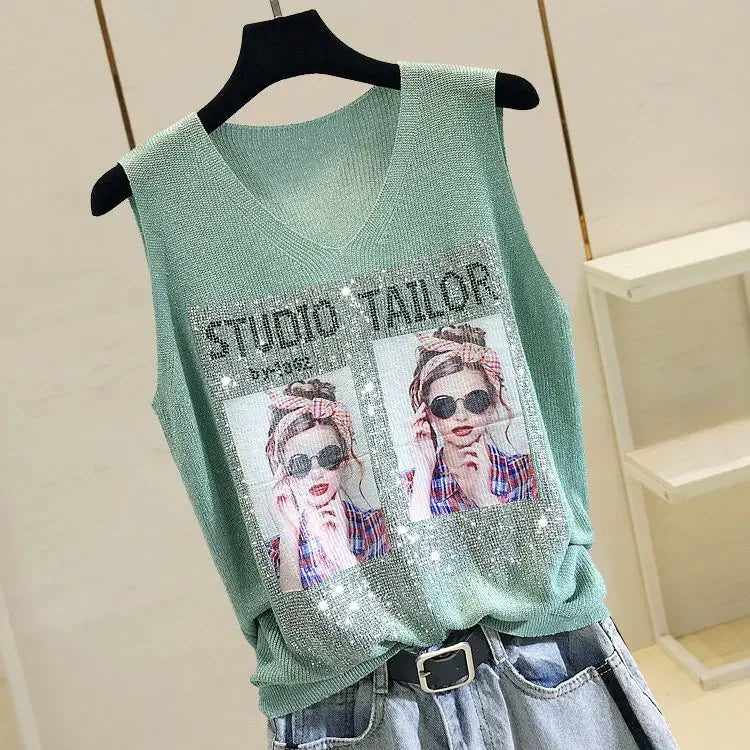 Hot Rhinestone Bright Silk Sleeveless Vest Women's Spring/Summer New Style V-neck Loose All-match Sling Knitted  Top T-shirt