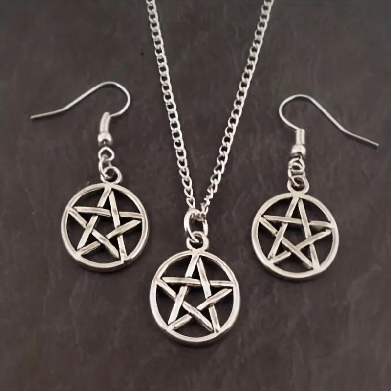 2 earrings and necklace set, vintage jewelry set, supernatural pentagram design, silver plated to match daily clothing, role-pla