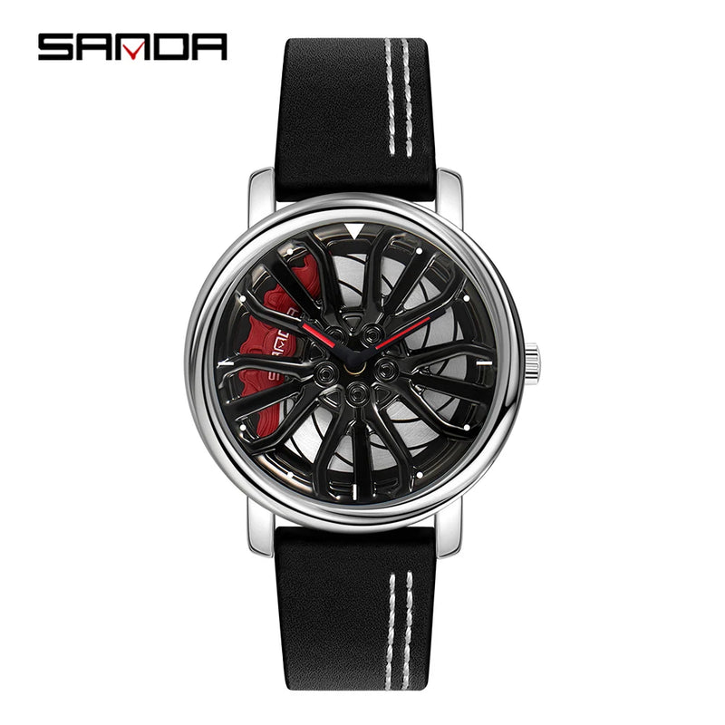 Hot Sell Fashion Men Quartz WristWatch Creative 360 Degree Rotating Car Wheel Quartz Watch Leather Waterproof Rim Hub Clock Men