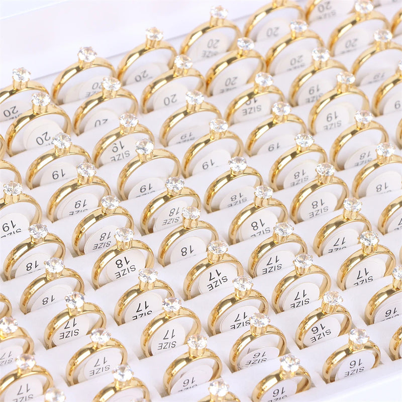 10Pcs/Lot Fashion Classic Rhinestone Stainless Steel Rings For Women Simple Shiny Colorful Finger Jewelry Wedding Party Gifts