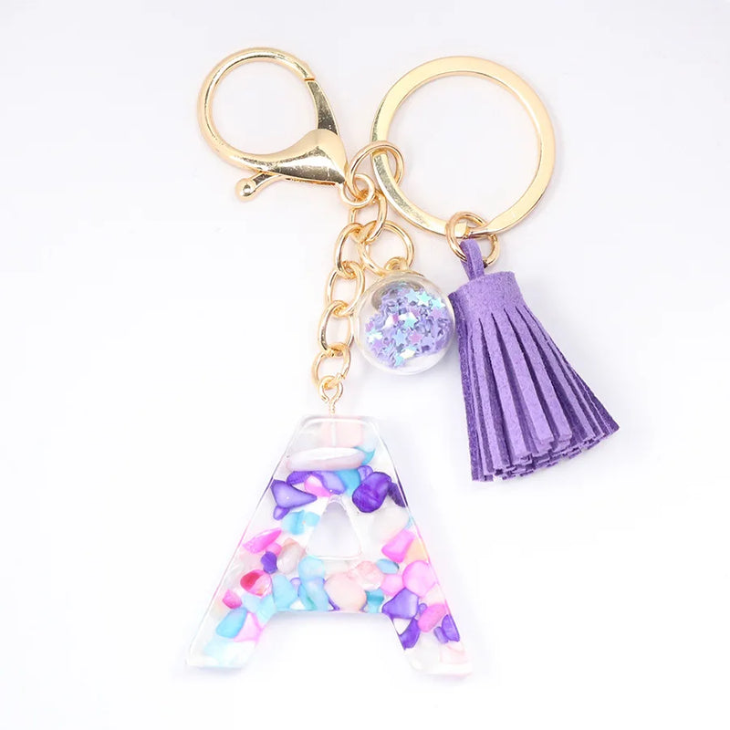 Women ew Crystal Epoxy Tassel Keychain Pendant Girl Heart English Capital Letter Stone Key K5158