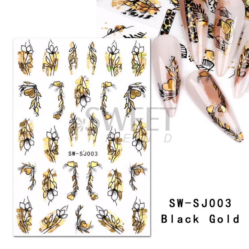 3D Snake Laser Stickers for Manicure Black Gold Abstract Leaves Luxury Nail Art Adhesive Slider Polish Decor Decals SASW-SJ