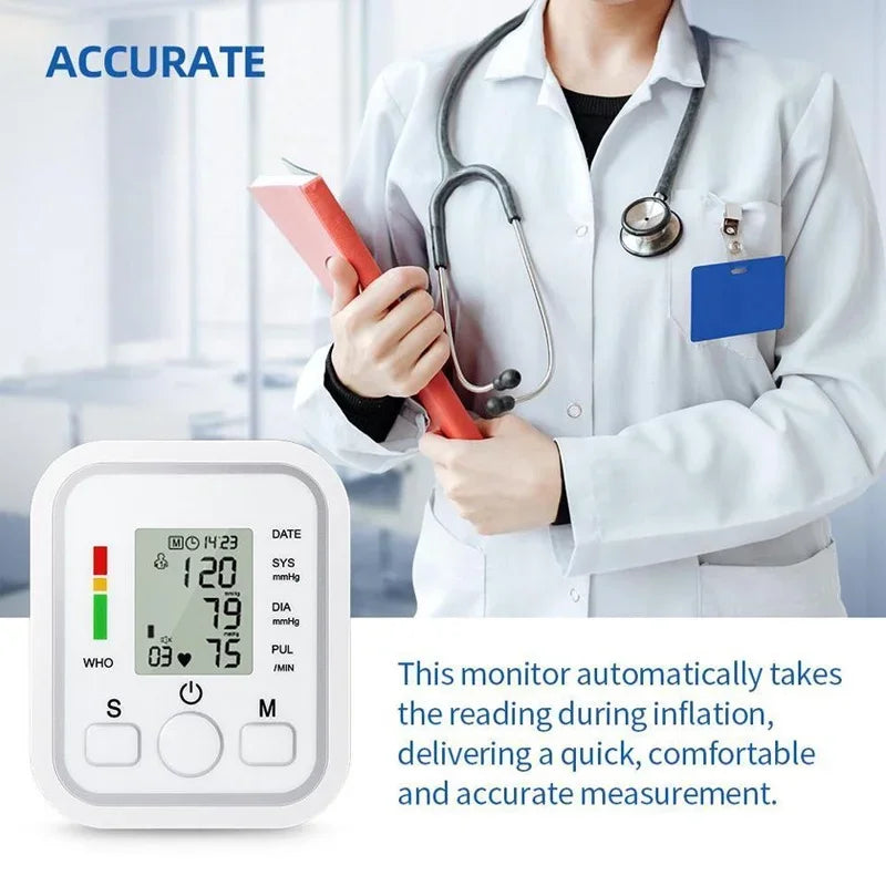 Monitor digital con sensor de presión arterial para brazo, tensiómetro, tonómetro automático, medidor de frecuencia cardíaca y pulso.