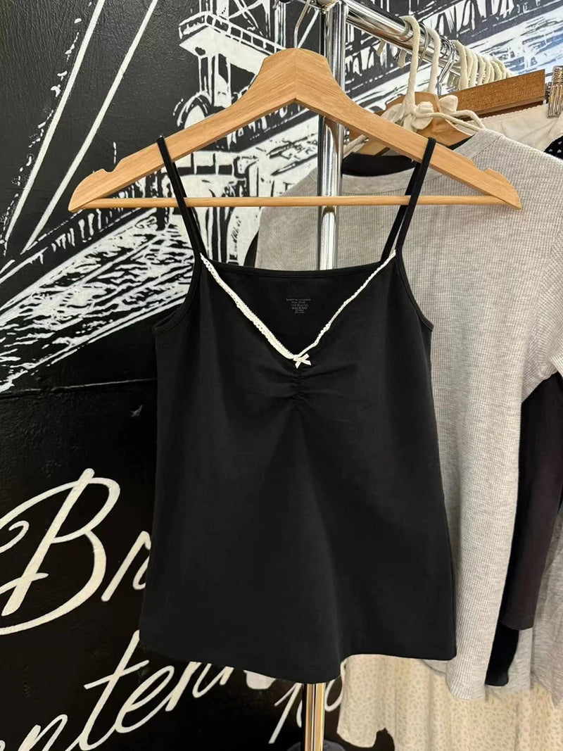 Folds V-neck Bow Black Tank Tops Women Lace Trim Cotton Sleeveless Slim Cropped Camisole Solid Vintage Sweet Summer Crop Top Y2k