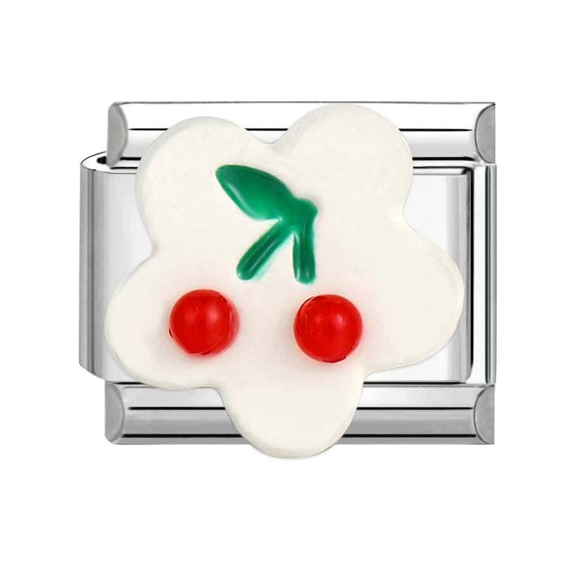 Sweet Red Cherry Bow Knot Heart Pendant Cherry Italian Charm Links Fit 9mm Stainless Steel Bracelet Women Jewelry DIY Making