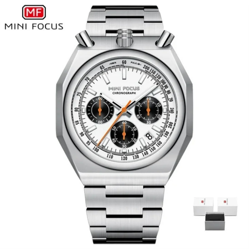 MINI FOCUS 0601 Multifunctional Unique design Quartz Watch for Men Calendar Luminous Stainless Steel Strap Bull Head Mens Watch