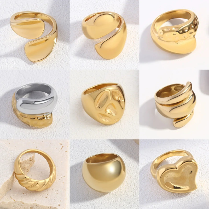 New Irregular Stainless Steel Chunky Dome Ring for Women Men Statement Croissant Ring Wide Double Layer Rings Party Jewelry Gift