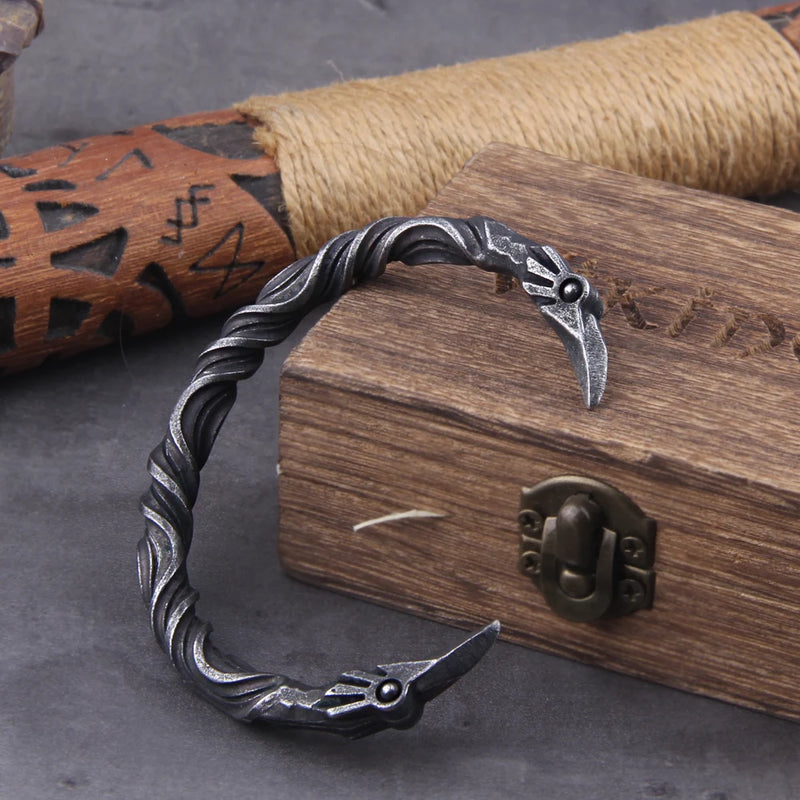Stainless Steel Nordic Viking Norse Raven Bracelet Men Wristband Cuff Bracelets with viking wooden box