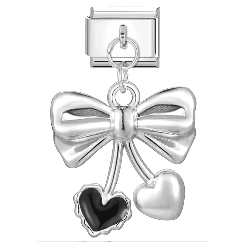 Sweet Red Cherry Bow Knot Heart Pendant Cherry Italian Charm Links Fit 9mm Stainless Steel Bracelet Women Jewelry DIY Making