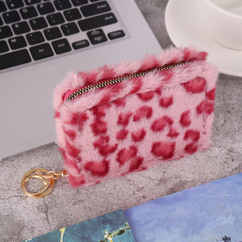 Leopard Print Short Wallet Trend Plush Multi Slot Credit Card Bag Multifunctional Portable Wallet For Outdoor Use