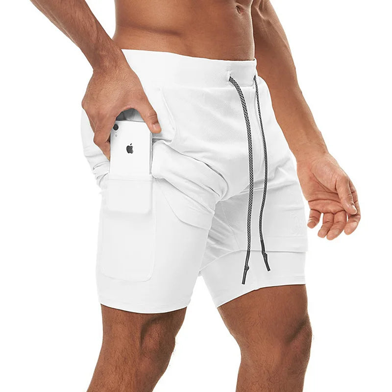 Mens Gym 2 in 1 Double-deck Running Quick Dry Shorts Jogging Fitness Training Sweat Short Pants Male Sports Workout Sweatpants