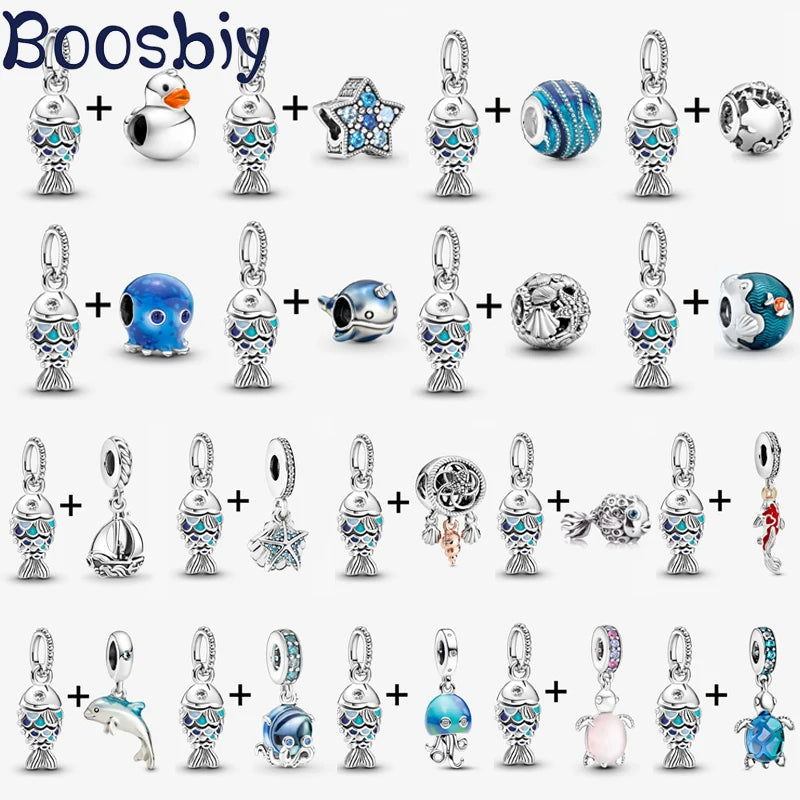 2Pcs/Lot Crystal Blue Scaled Fish Bead With Pendant Fit DIY Brand Charm Bracelet  For Women's Summer Jewelry To Making Gift