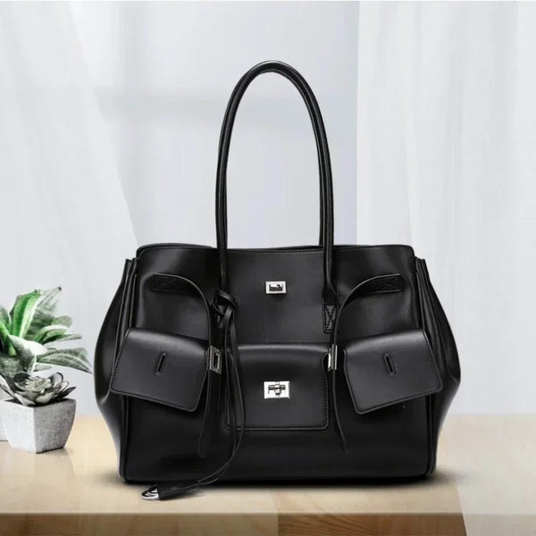 Meet You Luxury Design Large Capacity Black Pu Leather Tote Bag Ladies Multi-pocket  Shoulder Bag Office Lady Commuter Handbag