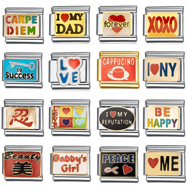 New Fashion Love Beauty Peace Girl Key Happy Forever Dad Italian Links Bracelet Stainless Steel Jewelry Diy Making