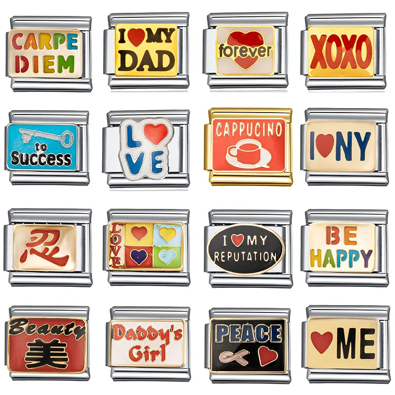 New Fashion Love Beauty Peace Girl Key Happy Forever Dad Italian Links Bracelet Stainless Steel Jewelry Diy Making