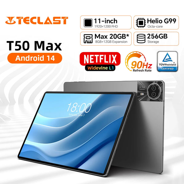Teclast T50Max Android 14 Tablet 11 90Hz Refresh Rate Max 20GB RAM 256GB ROM Helio G99 CPU 8000mAh 18W Fast Charging 4G LTE GPS