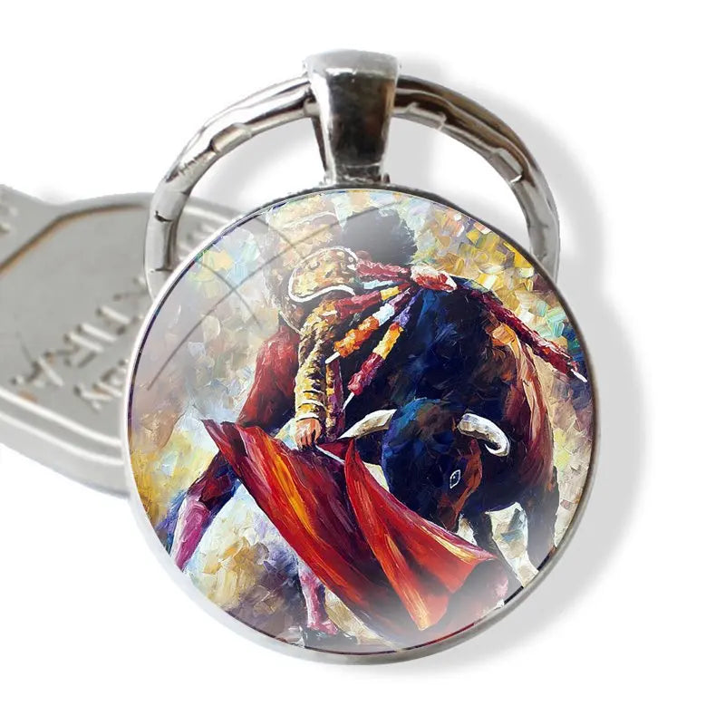 Bullfighting Spanish Bullfight Pattern 25mm Glass Cabohcon Keychain Key Rings for Women Men Jewelry Gift
